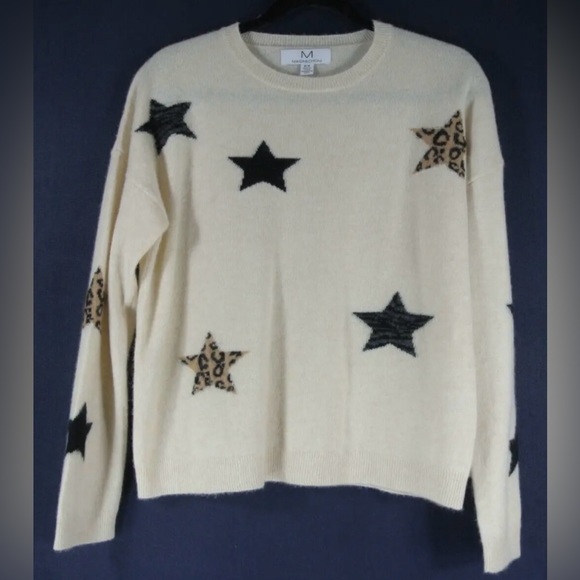 NWT 100% Magaschoni Cashmere sweater- cream with black and leopard stars - Picture 1 of 6